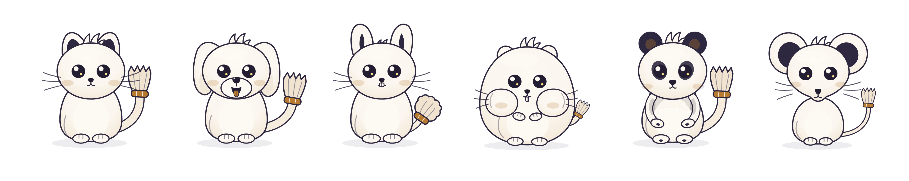 The six Cozysweep companions side by side: Daisy the cat, a dog, a rabbit, a hamster, a panda and a mouse.