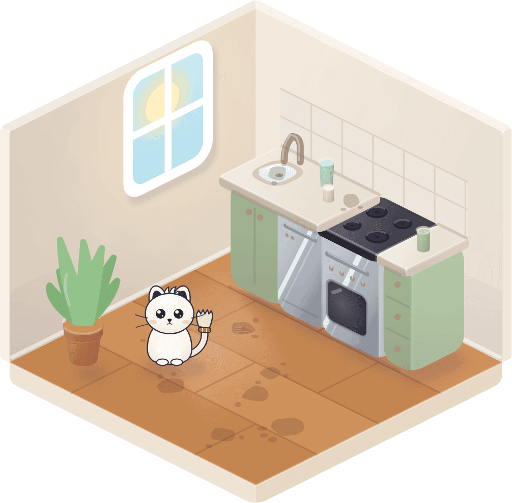 The Cozysweep home screen: a small clay-style living room with Daisy the cat sitting on the sofa, and the one task suggested for today underneath.